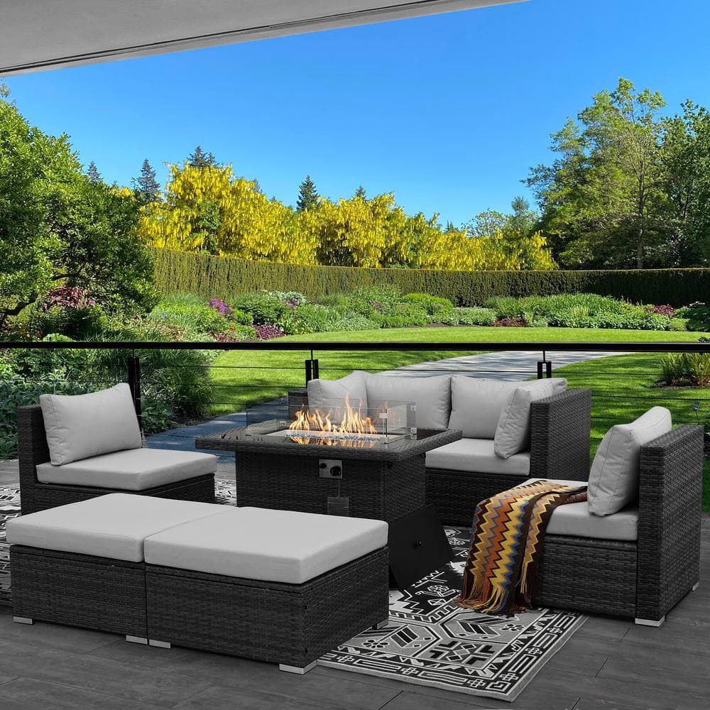 Nicesoul Luxury 7 Piece Charcoal Wicker Patio Fire Pit Conversation  Sectional Deep Seating Sofa Set With Light Grey Cushions Hd 3020lg – The  Home Depot For Fire Pit Table Wicker Sectional Sofa Conversation Set (Photo 11 of 15)