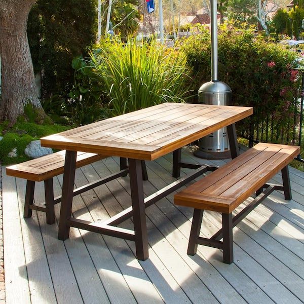 Noble House Carlisle Rustic Metal 3 Piece Wood Rectangular Outdoor Dining  Set 2792 – The Home Depot Pertaining To Outdoor Terrace Bench Wood Furniture Set (View 3 of 15)