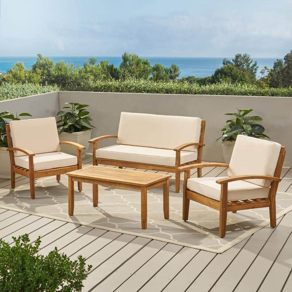 Noble House Peyton Teak Finish 4 Piece Wood Patio Conversation Set With Beige  Cushions 11058 – The Home Depot For Balcony Furniture Set With Beige Cushions (View 7 of 15)