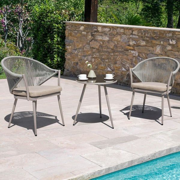 Nuu Garden 3 Piece Woven Rope Aluminum Patio Conversation Set Outdoor  Bistro Set With Beige Cushion Srs101 Be – The Home Depot Intended For Woven Rope Outdoor 3 Piece Conversation Set (Photo 11 of 15)