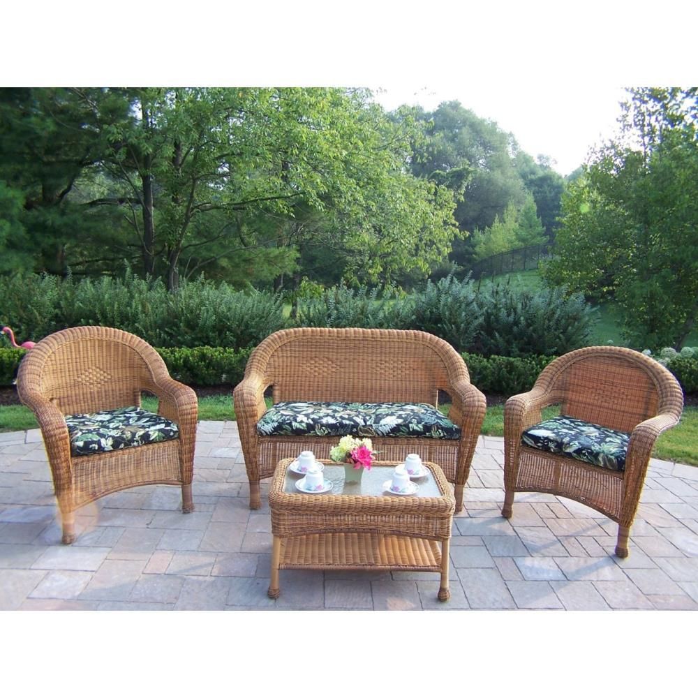 Oakland Living Resin Wicker 4 Piece Woven Patio Conversation Set With Brown  Cushions In The Patio Conversation Sets Department At Lowes With Regard To 4 Piece Outdoor Wicker Seating Set In Brown (Photo 11 of 15)