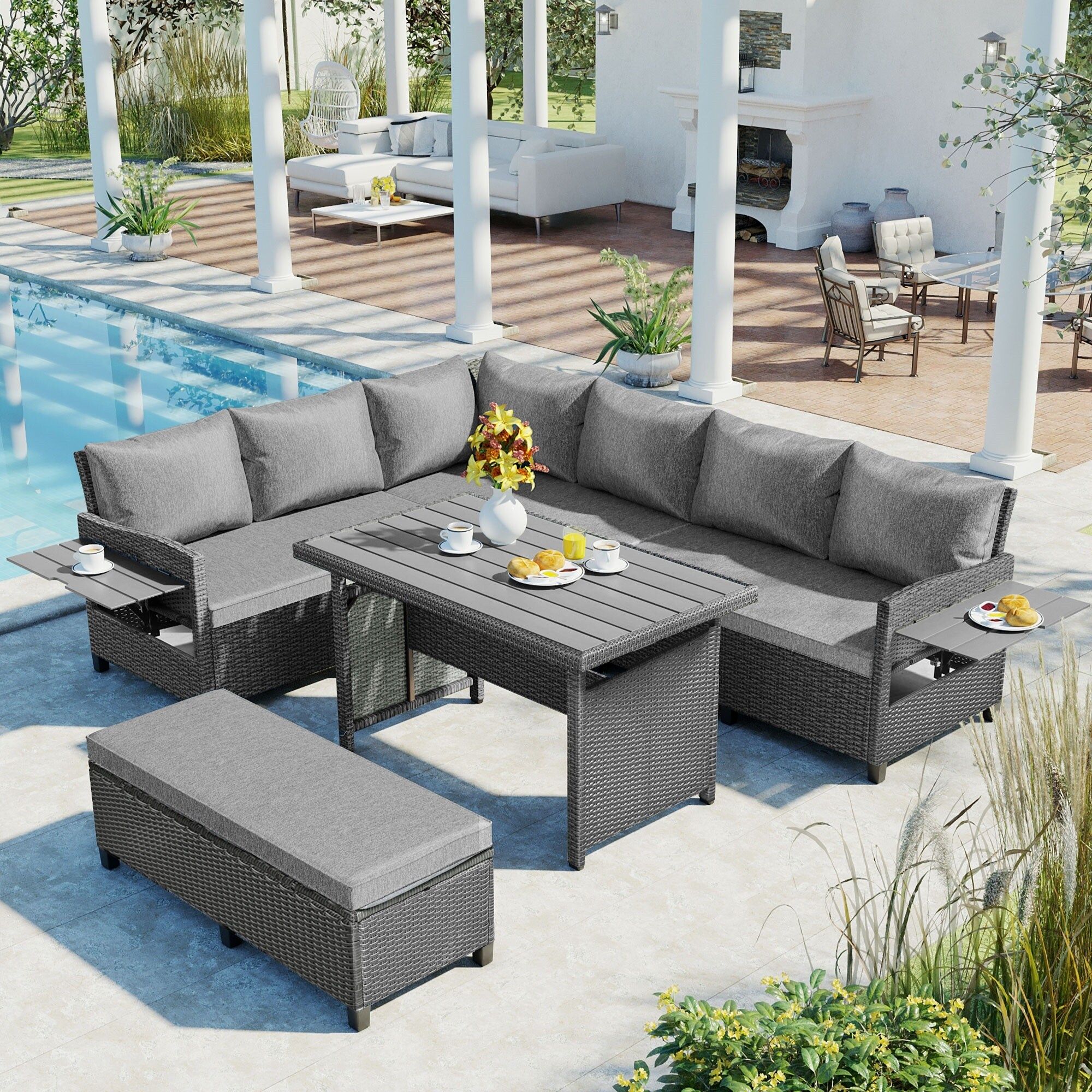 Oaks Aura 5 Piece Outdoor Patio Rattan Sofa Set, Sectional Wicker L Shaped  Furniture Set With Washable Covers For Backyard – On Sale – Overstock –  37534996 With Oaks Table Set With Patio Cover (View 15 of 15)