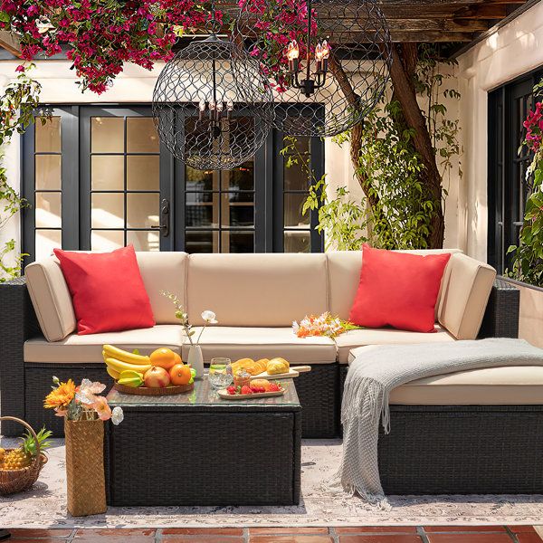Outdoor Deep Seating Sectional | Wayfair Pertaining To Outdoor Couch Cushions, Throw Pillows And Slat Coffee Table (Photo 2 of 15)