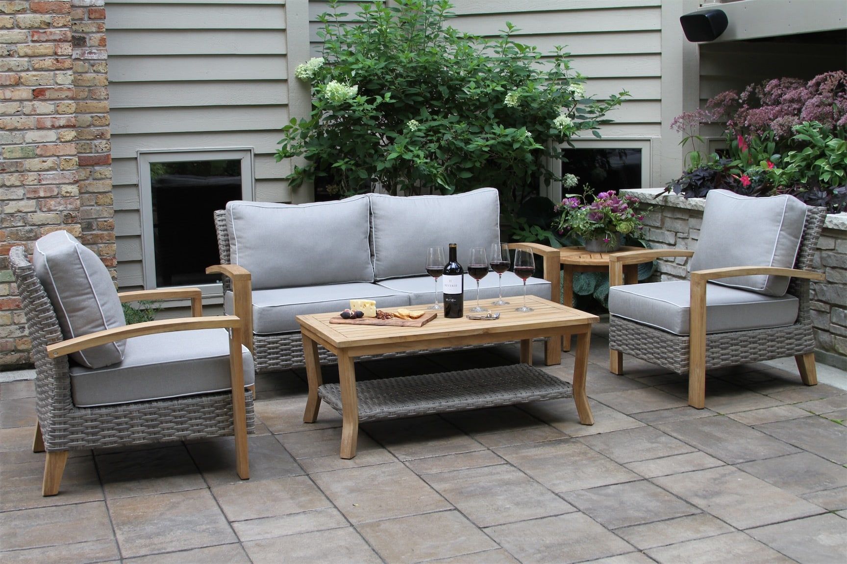 Outdoor Interiors Teak & Wicker Love Seat, 2 Arm Chairs & Coffee Table With  Olefin | Agway Of Cape Cod Inside Outdoor 2 Arm Chairs And Coffee Table (View 3 of 15)