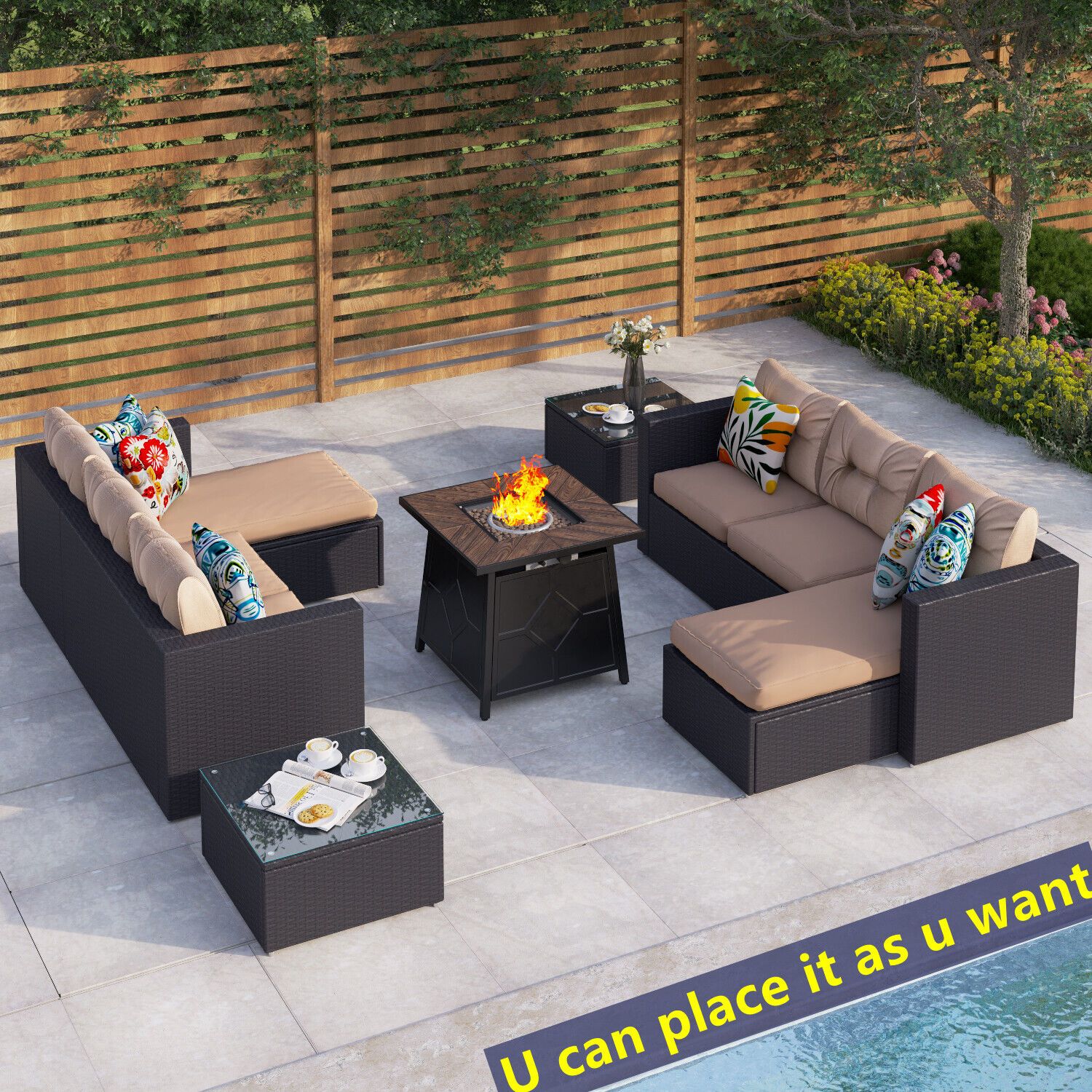 Outdoor Rattan Sectional Sofa Set With Gas Fire Pit Table Patio Wicker  Furniture 670724078205 | Ebay Regarding Fire Pit Table Wicker Sectional Sofa Set (View 6 of 15)