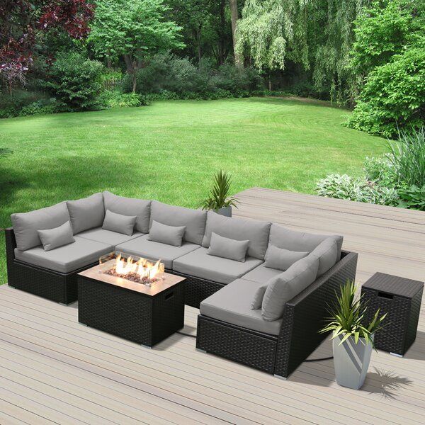 Outdoor Sectional With Firepit | Wayfair For Fire Pit Table Wicker Sectional Sofa Set (Photo 4 of 15)