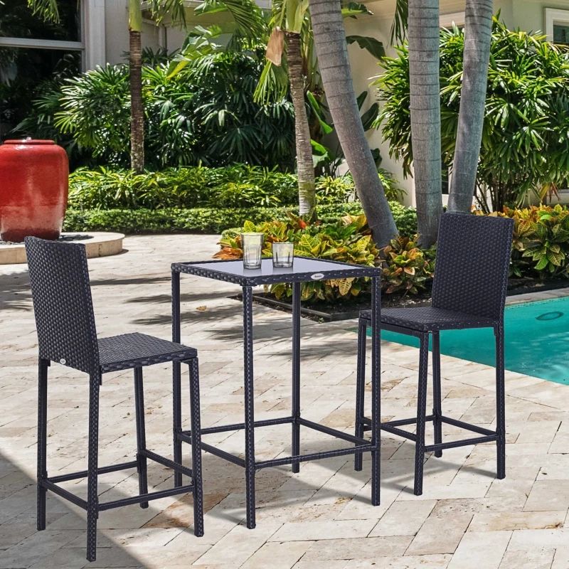 Outsunny 3pc Patio Rattan Bistro Set Barstool Table Wicker Outdoor  Furniture Garden Bar Deck Black | Aosom Canada Throughout Patio Furniture Wicker Outdoor Bistro Set (View 8 of 15)