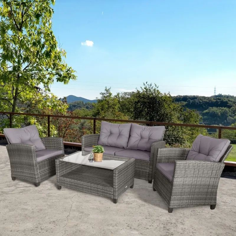 Outsunny 4 Pieces Patio Furniture Sets Rattan Wicker Chair W/ Table Outdoor  Conversation Set With Cushion For Backyard Porch Garden Poolside And Deck,  Onyx | Aosom In Outdoor Cushioned Chair Loveseat Tables (View 7 of 15)