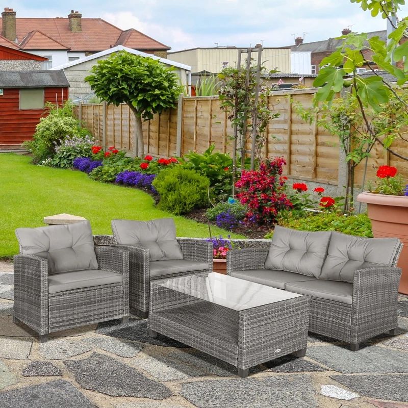 Outsunny 4 Pieces Patio Furniture Sets Rattan Wicker Rattan Chair W/ Table  Conversation Set With Cushion For Backyard Porch Garden Poolside And Deck,  Charcoal Grey Outdoor Coffee Cushions Pcs | Aosom Canada With Regard To Backyard Porch Garden Patio Furniture Set (Photo 9 of 15)