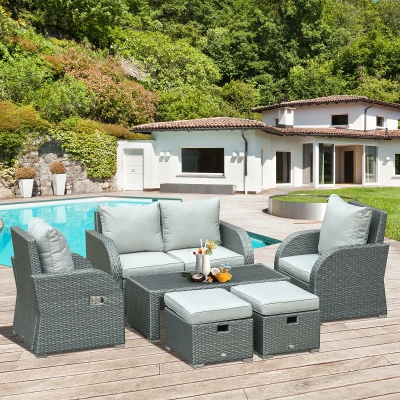 Outsunny 6 Pcs Patio Furniture Sets Outdoor Wicker Sofa Set Rattan Angle  Adjustable Recline Single Chair Conversation Set, Ottomans, W/ Polyester  Tea Table Gas Spring & Soft Washable Cushions, Grey | Aosom Intended For Ottomans Patio Furniture Set (View 15 of 15)