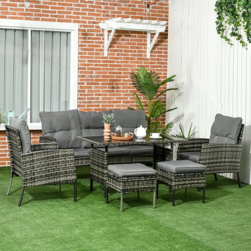 Outsunny 6 Piece Outdoor Patio Furniture Set With Patio Chairs, Ottomans,  Sofa, Glass Table And Cushions, Sectional Wicker Rattan Conversation Set  For Backyard, Porch, Gray | Aosom Canada For Ottomans Patio Furniture Set (Photo 8 of 15)
