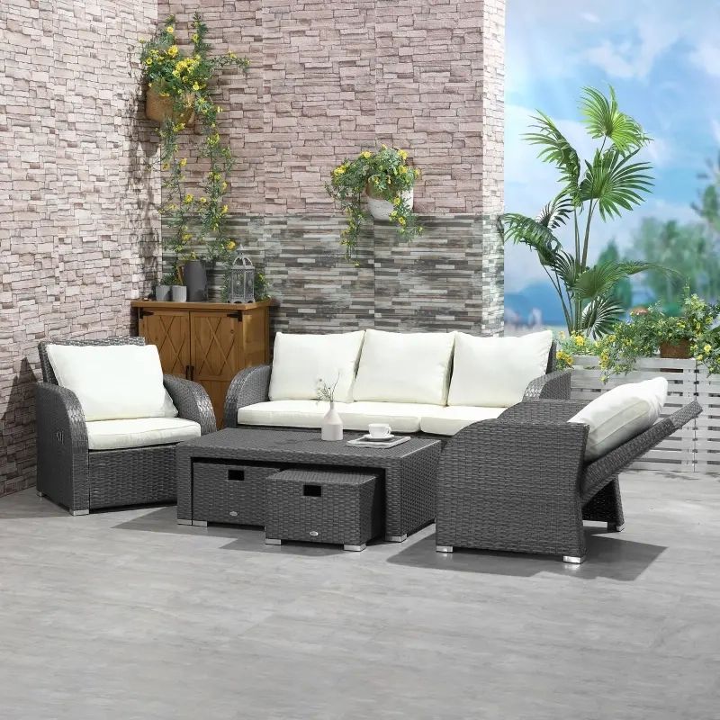 Outsunny 6 Piece Outdoor Rattan Patio Sectional Sofa Set With 3 Seat Couch,  2 Recliners, 2 Ottoman Footrests, & Coffee Table Conversation Set,  Off White Outside 6 Pc W/ 1 Ottomans, Table, Weather Resistant Material, |  Aosom With All Weather Rattan Conversation Set (Photo 13 of 15)