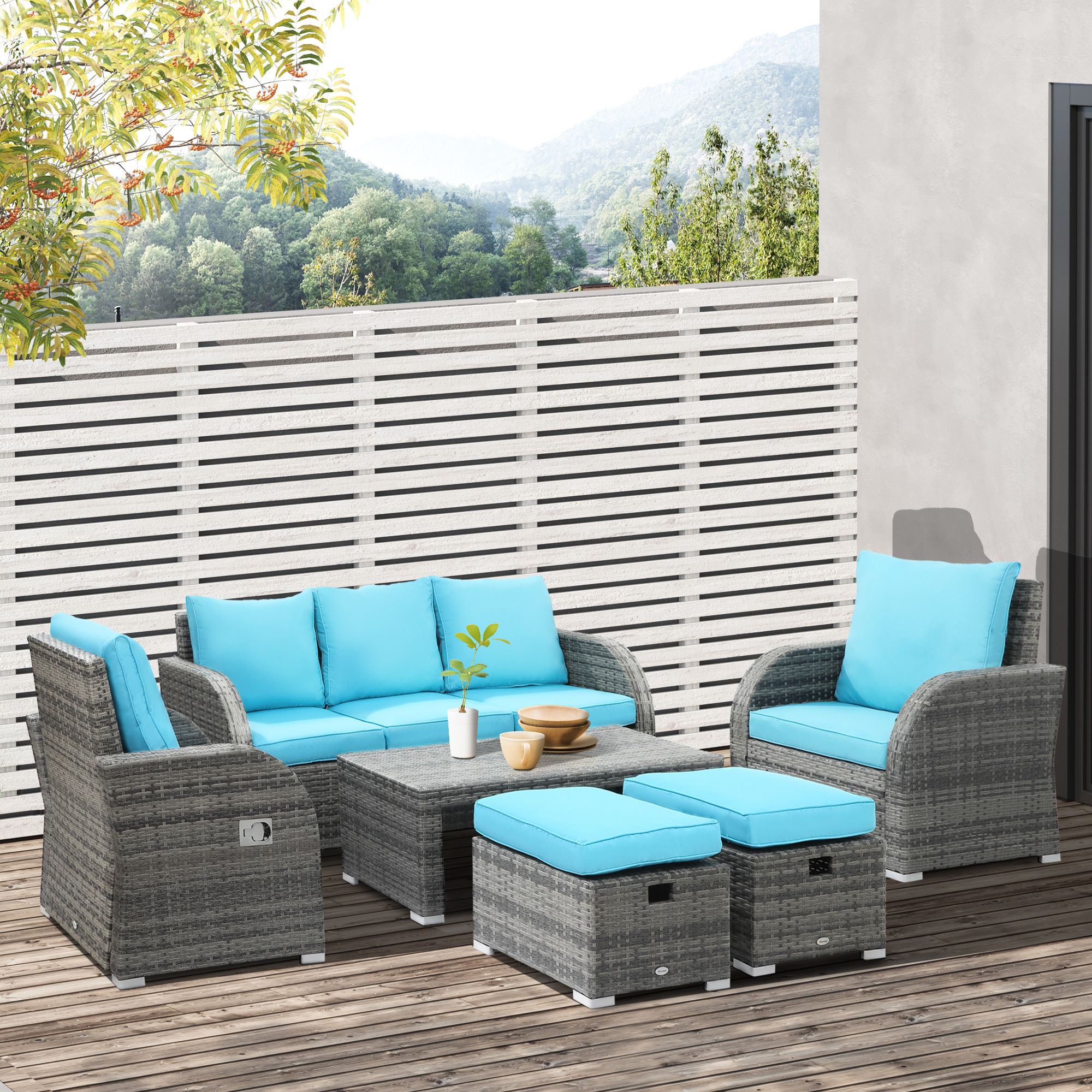 Outsunny 6 Pieces Patio Wicker Sofa Sets, Outdoor Sectional Furniture Set,  Include 3 Seat Sofa, 2 Adjustable Recliners, 2 Footstools & Table Set For  Lawn Garden Backyard, Sky Blue 6 Piece Rattan Cushioned Recliner, For Furniture Conversation Set Cushioned Sofa Tables (Photo 5 of 15)