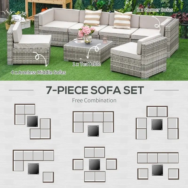 Outsunny 7 Piece Outdoor Patio Set Outdoor Wicker Patio Sofa Set Modern  Rattan Conversation Furniture Set With Cushions Pillows And Tea Table Beige  Low Back Chair Sectional | Aosom Regarding 7 Piece Rattan Sectional Sofa Set (Photo 10 of 15)