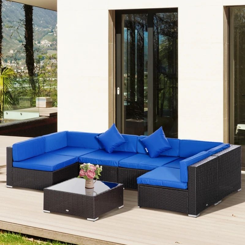 Outsunny 7 Pieces Outdoor Rattan Furniture Set, Patio Wicker Sectional  Conversation Sofa Set W/ Cushions & Tempered Glass Coffee Table, Perfect  For Garden, Lawn, And Deck, Blue | Aosom Canada Within Cushions & Coffee Table Furniture Couch Set (Photo 10 of 15)
