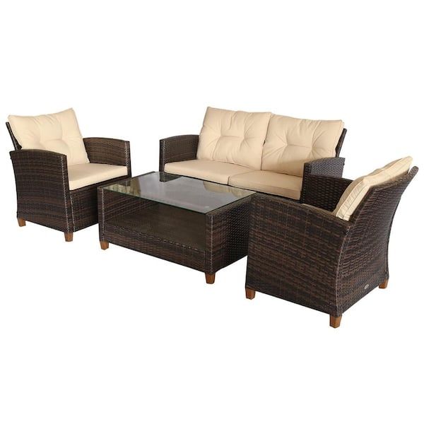 Outsunny Brown 4 Piece Iron Plastic Rattan Patio Furniture Set With Beige  Cushions, 2 Single Chairs, Double Sofa And Tea Table 860 117bg – The Home  Depot Pertaining To 4 Piece Outdoor Wicker Seating Set In Brown (Photo 1 of 15)