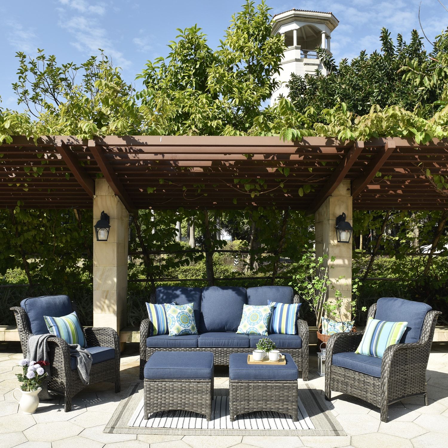 Ovios 5 Piece Rattan Patio Conversation Set With Blue Cushions In The Patio  Conversation Sets Department At Lowes In 5 Piece Patio Furniture Set (View 5 of 15)