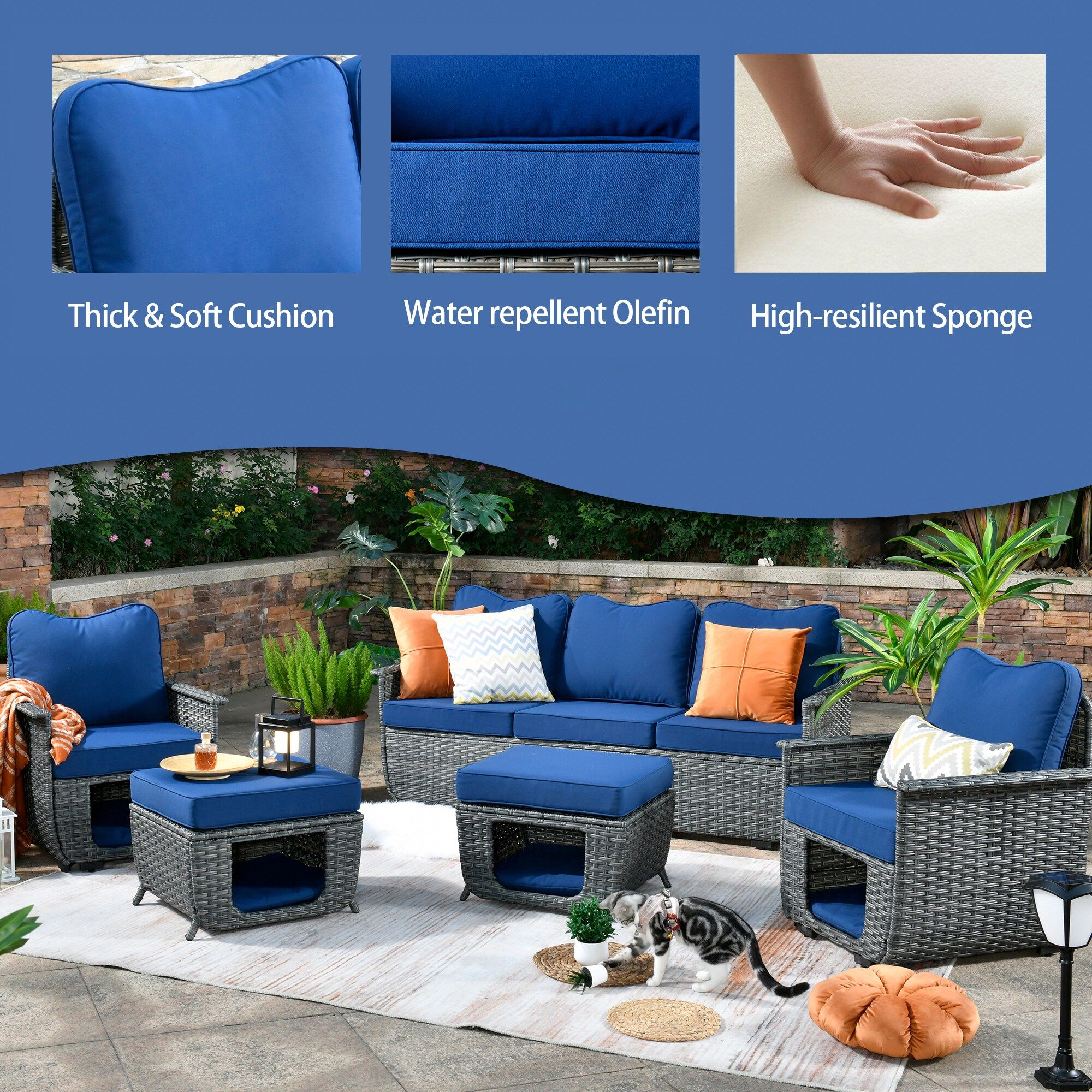 Ovios 5 Pieces Patio Conversation Set With Navy Blue Cushions In The Patio  Conversation Sets Department At Lowes In Outdoor Couch Cushions, Throw Pillows And Slat Coffee Table (View 12 of 15)