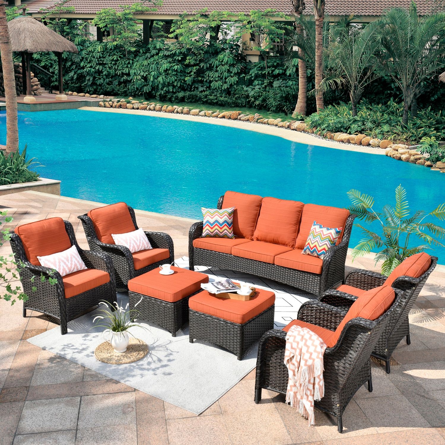 Ovios 7 Piece Patio Furniture Sets Rattan Wicker Chair Sectional Sofa Deep  Seating Conversation Set With Cushions (brown Wicker,orange Red Cushions)  In The Patio Sectionals & Sofas Department At Lowes Intended For Balcony Furniture Set With Beige Cushions (Photo 9 of 15)