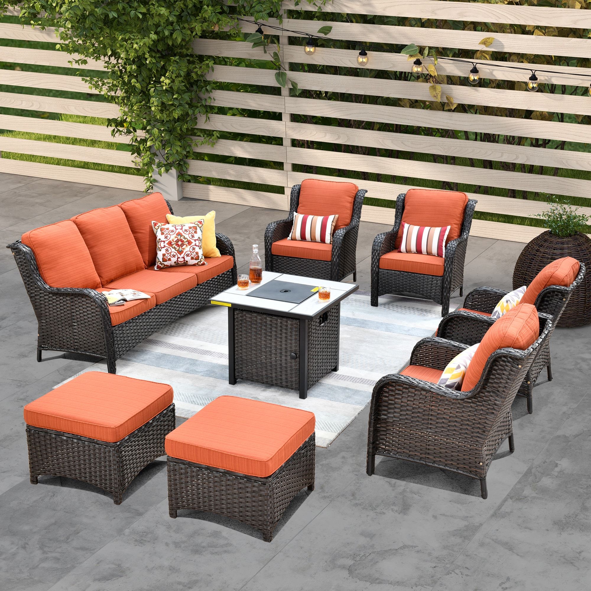 Ovios 8 Piece Patio Furniture Sets Rattan Wicker Chair Sectional Sofa Deep  Seating Conversation Set With Gas Fire Pit Table (brown Wicker,orange Red  Cushions) In The Patio Conversation Sets Department At Lowes With Fire Pit Table Wicker Sectional Sofa Conversation Set (View 14 of 15)