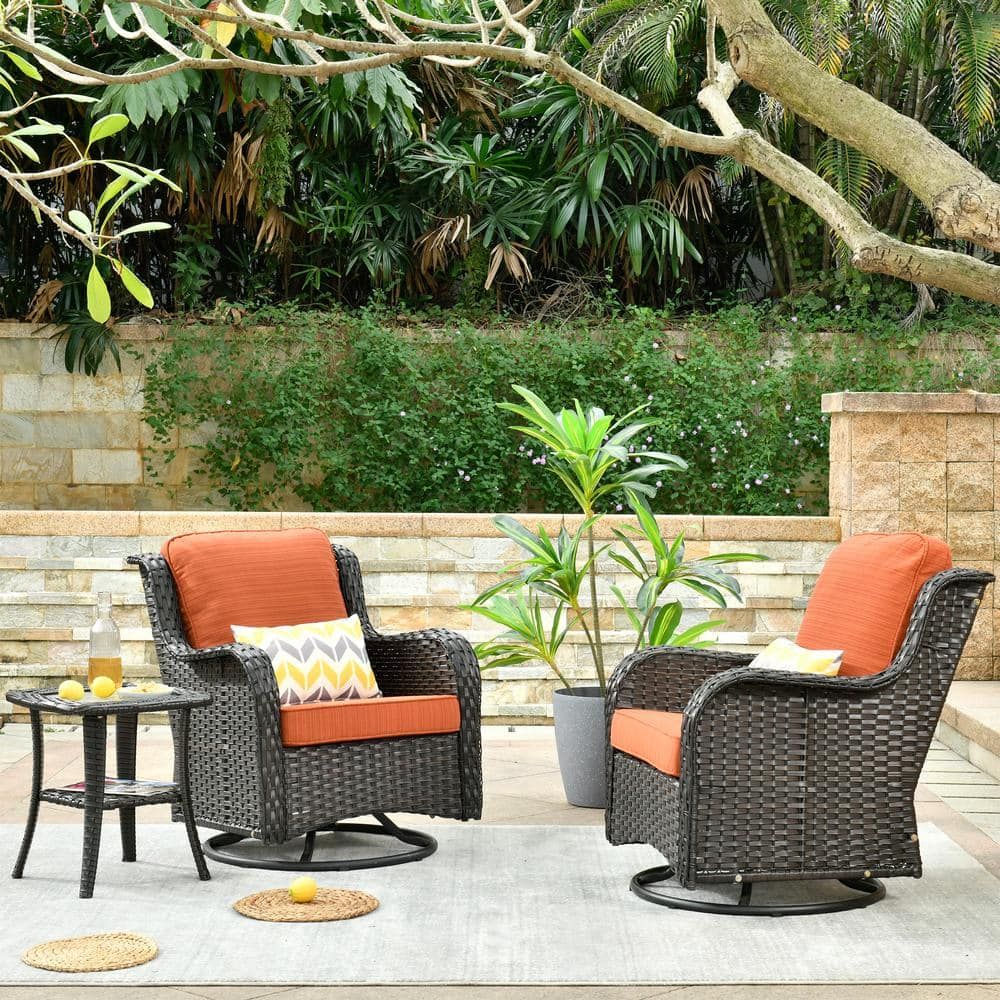 Ovios Joyoung Brown 3 Piece Wicker Swivel Outdoor Patio Conversation  Seating Set With Orange Red Cushions Yjntc803r – The Home Depot Pertaining To Outdoor Wicker 3 Piece Set (View 10 of 15)
