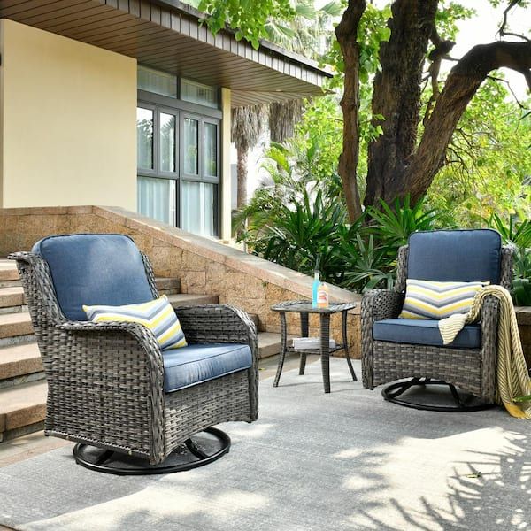 Ovios Joyoung Gray 3 Piece Wicker Outdoor Patio Conversation Seating Set  With Denim Blue Cushions And Swivel Rocking Chairs Yjntc303r – The Home  Depot With Regard To Outdoor Wicker 3 Piece Set (View 3 of 15)