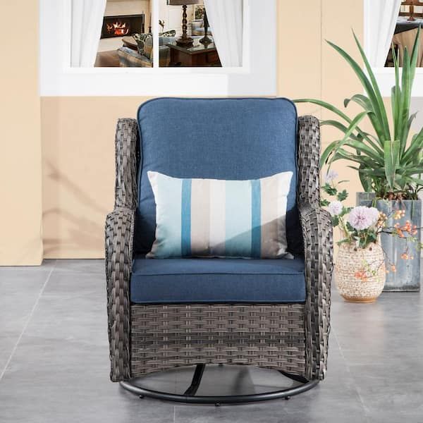 Ovios Joyoung Gray 3 Piece Wicker Outdoor Patio Conversation Seating Set  With Denim Blue Cushions And Swivel Rocking Chairs Yjntc303r – The Home  Depot Within 3 Pieces Outdoor Patio Swivel Rocker Set (View 7 of 15)