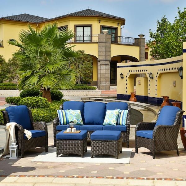 Ovios New Kenard Brown 5 Piece Wicker Outdoor Patio Conversation Seating Set  With Navy Blue Cushions Ntc700 – The Home Depot For 5 Piece Patio Conversation Set (View 10 of 15)