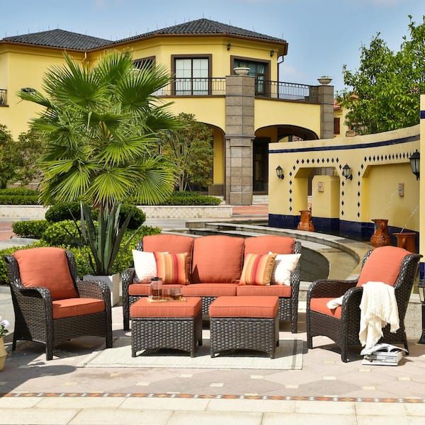 Ovios New Kenard Brown 5 Piece Wicker Outdoor Patio Conversation Seating Set  With Orange Cushions Ntc800 – The Home Depot Pertaining To 5 Piece Patio Furniture Set (View 8 of 15)