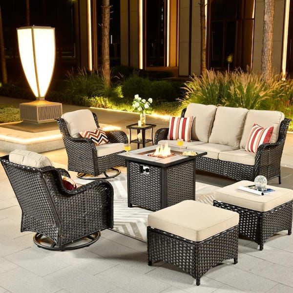Ovios New Kenard Brown 7 Piece Wicker Patio Fire Pit Conversation Set With Beige  Cushions And Swivel Rocking Chairs Fpntc606r – The Home Depot Regarding Balcony Furniture Set With Beige Cushions (View 3 of 15)