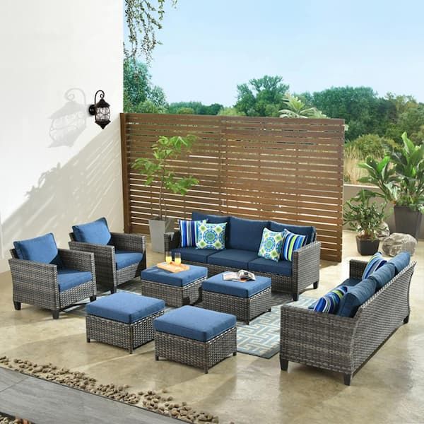 Ovios New Vultros Gray 8 Piece Wicker Outdoor Patio Conversation Seating Set  With Blue Cushions Grs3024 – The Home Depot With Regard To 8 Pcs Outdoor Patio Furniture Set (View 7 of 15)