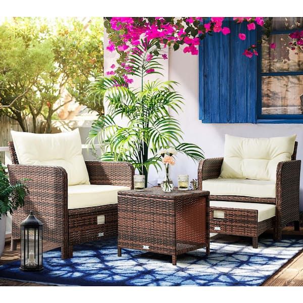 Pamapic 5 Piece Wicker Patio Furniture Set Outdoor Patio Chairs With  Ottomans Beige Bt Jd5 Wh3 – The Home Depot Regarding Ottomans Patio Furniture Set (Photo 12 of 15)