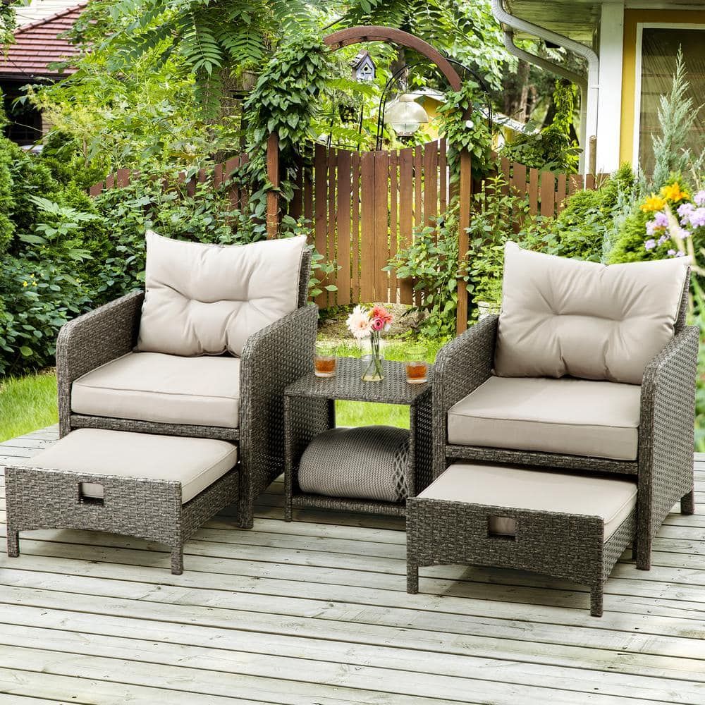 Pamapic 5 Pieces Wicker Patio Furniture Set Outdoor Patio Chairs With  Ottomans, Gray Cushions Bt Jdh5 Wh3 – The Home Depot Inside Brown Wicker Chairs With Ottoman (View 2 of 15)