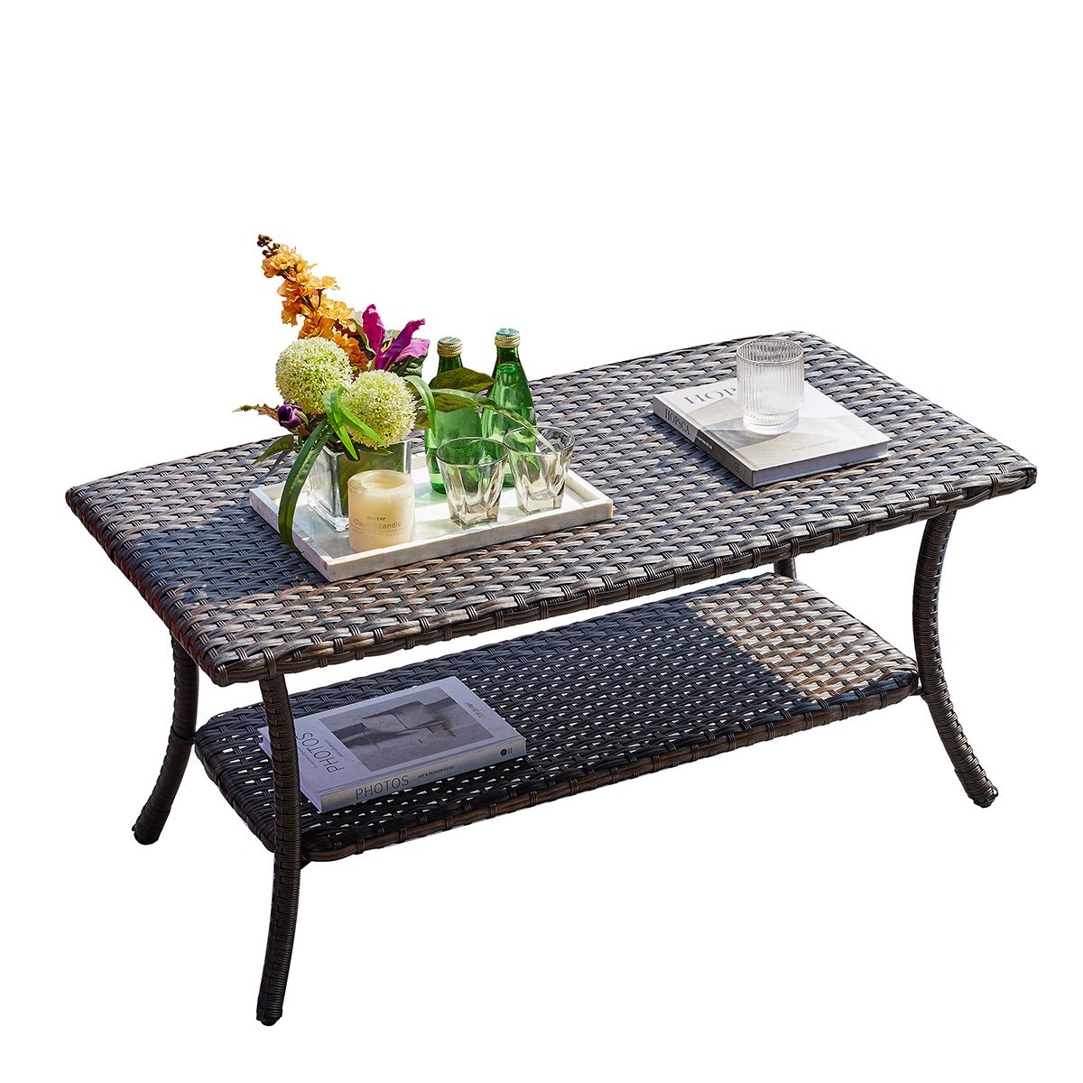 Parkwell Outdoor Wicker Rectangular Coffee Table With 2 Tier Storage Shelf  And Wicker Table Top, Metal Frame – Walmart Regarding Outdoor 2 Tiers Storage Metal Coffee Tables (View 6 of 15)