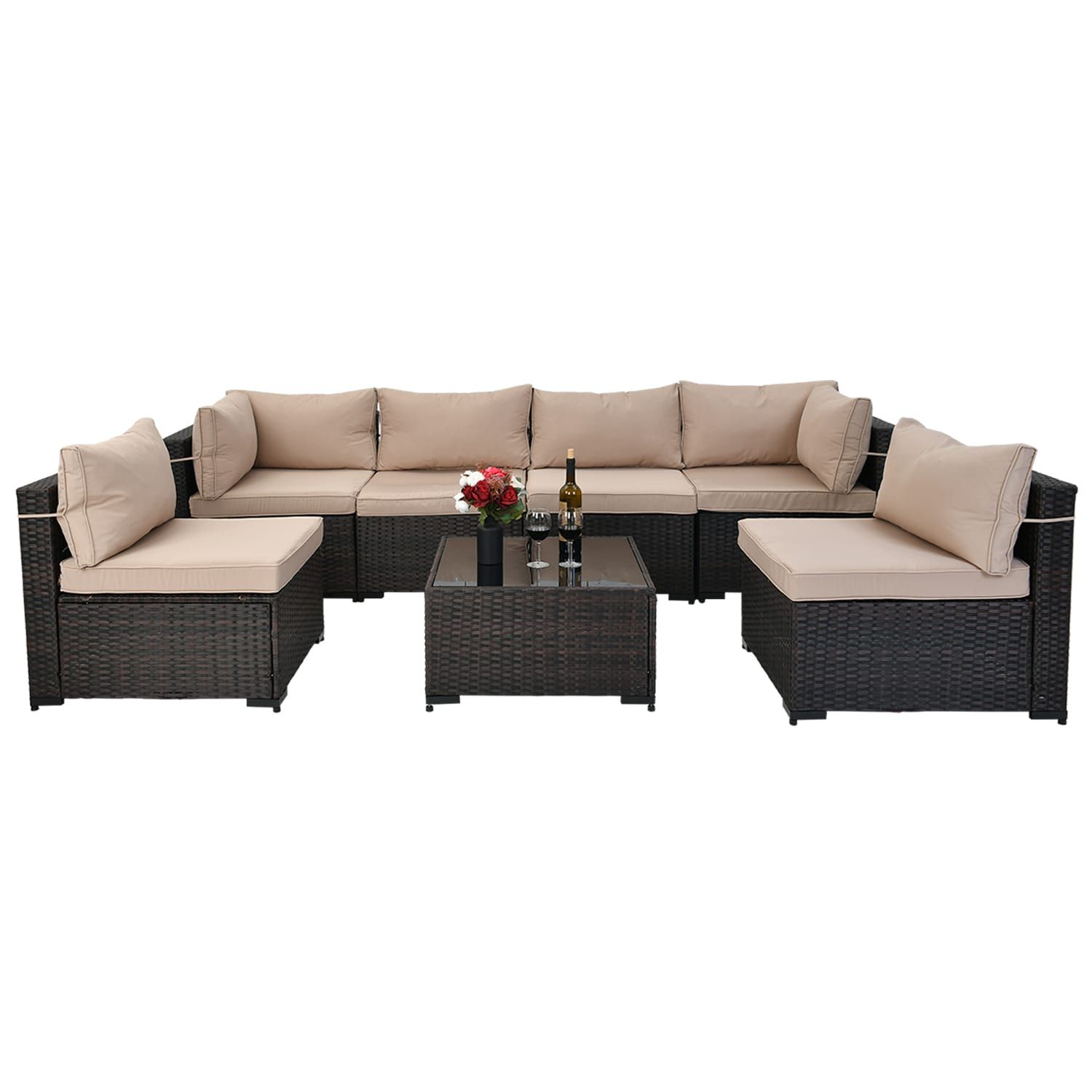 Patio Conversation Set 7 Piece Rattan Patio Conversation Set With Off White  Cushions In The Patio Conversation Sets Department At Lowes Regarding 7 Piece Rattan Sectional Sofa Set (View 15 of 15)