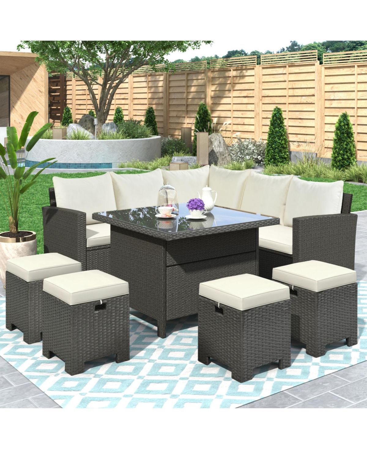 Patio Furniture Set, 8 Piece Outdoor Conversation Set, Dining Table Chair  With Ottoman, Cushions Pertaining To 8 Piece Patio Rattan Outdoor Furniture Set (View 14 of 15)