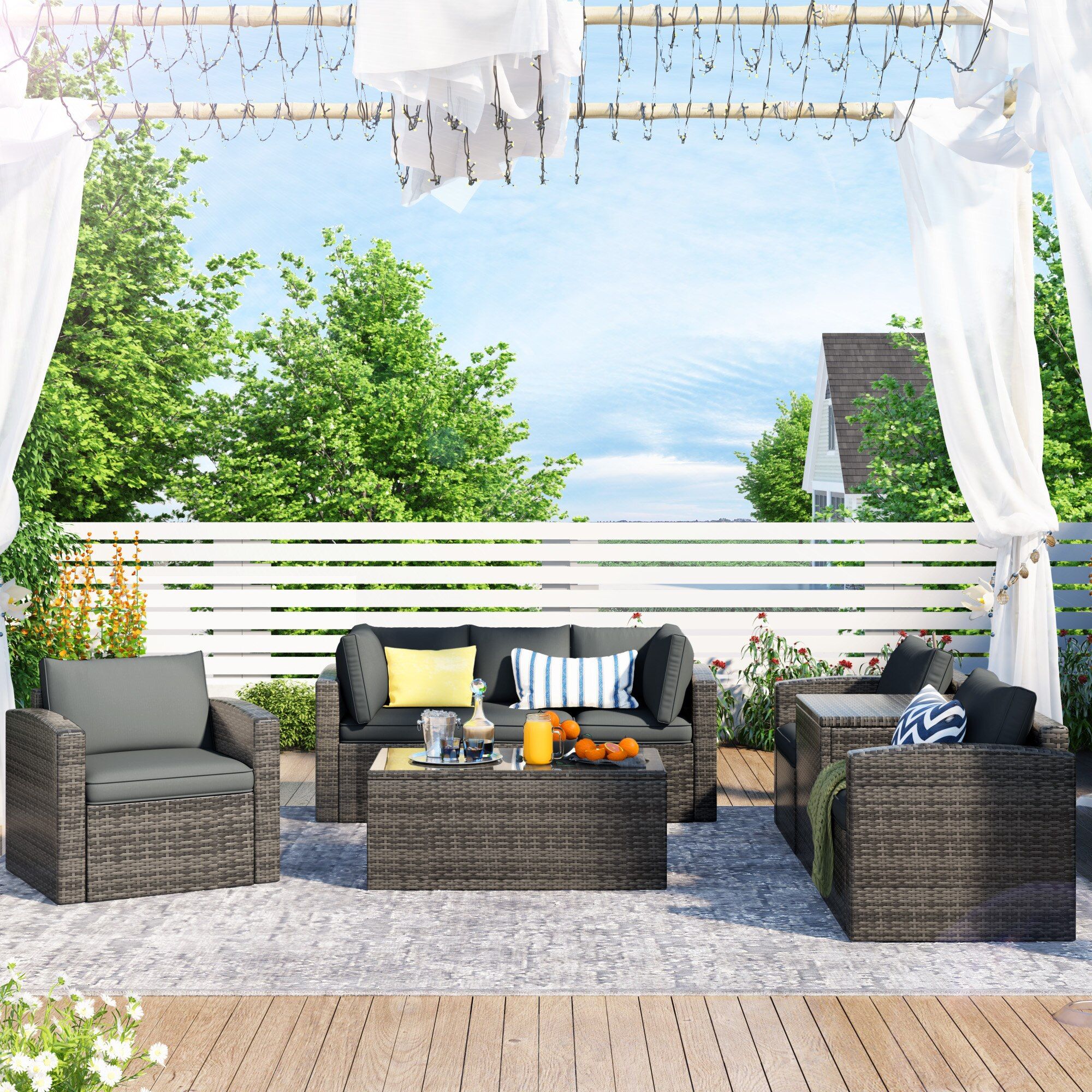 Patio Furniture Sets, 7 Piece Patio Wicker Sofa , Cushions, Chairs , A  Loveseat , A Table And A Storage Box Throughout Cushioned Chair Loveseat Tables (Photo 15 of 15)