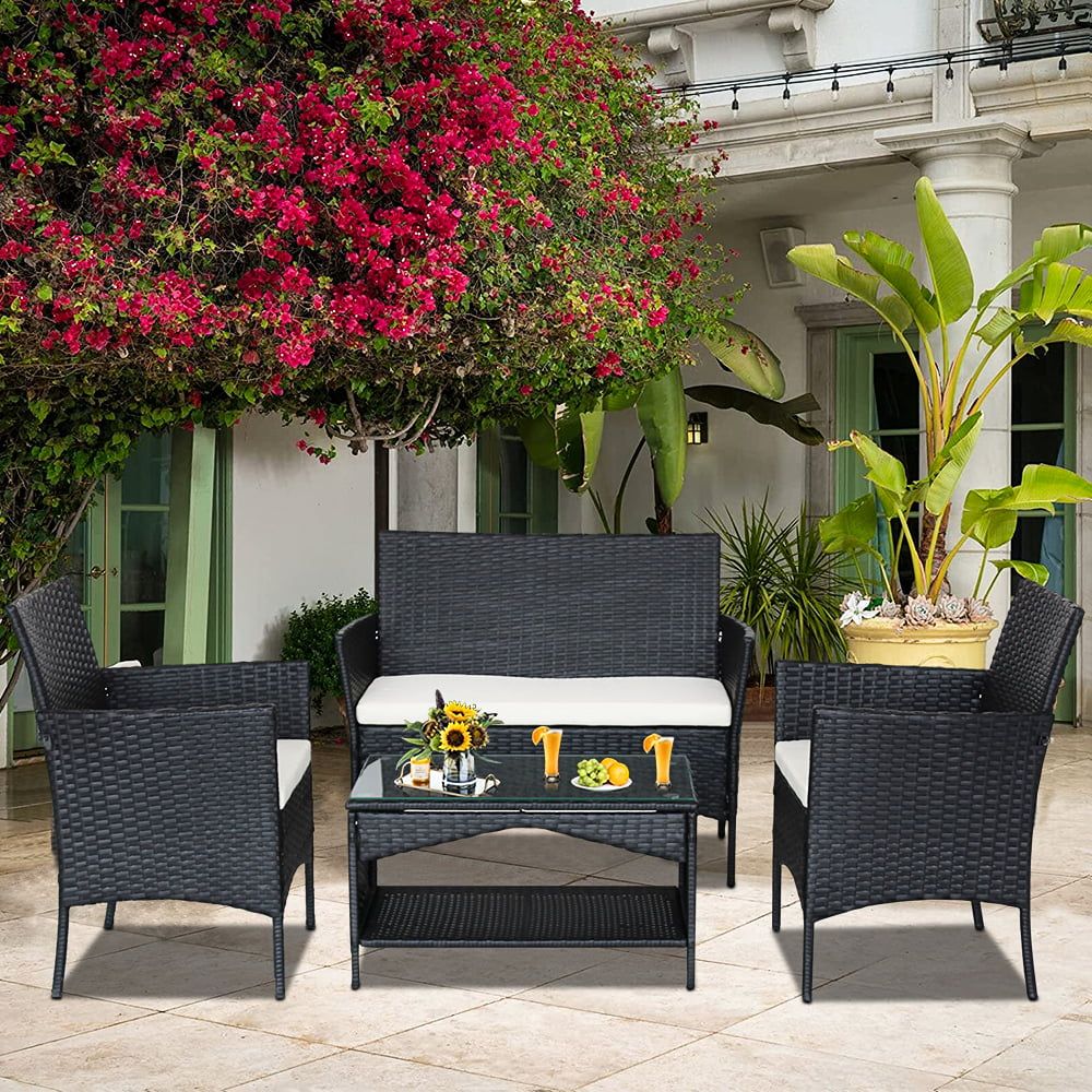 Patio Furniture Sets Clearance, 4 Piece Wicker Patio Set With Glass Dining  Table, Loveseat & Cushioned Wicker Chairs, Modern Rattan Outdoor  Conversation Sets For Backyard, Porch, Garden, L4618 – Walmart Inside Outdoor Cushioned Chair Loveseat Tables (View 9 of 15)