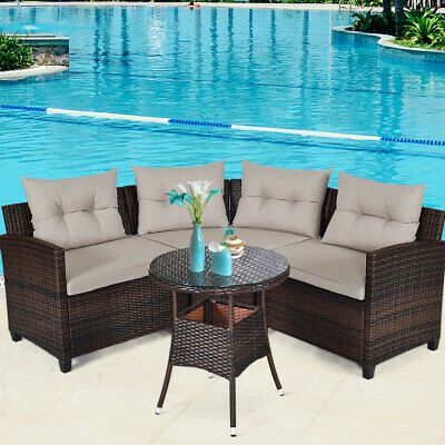 Patiojoy 4pcs Outdoor Patio Rattan Furniture Set Cushioned Sofa Table  Sectional 7461758458926 | Ebay For Furniture Conversation Set Cushioned Sofa Tables (View 14 of 15)