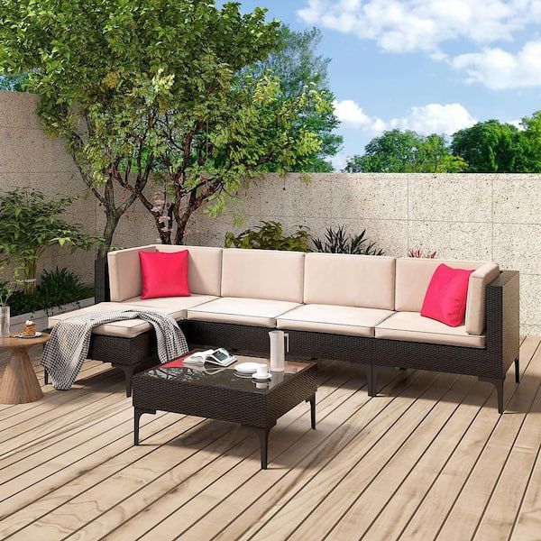 Patiowell 6 Pieces Patio Furniture Set Wicker Outdoor Sectional Sofa With  Beige Cushions Andpillows, And Glass Top Coffee Table Palcrf2ac1ot0m Bg –  The Home Depot Within Cushions & Coffee Table Furniture Couch Set (Photo 8 of 15)