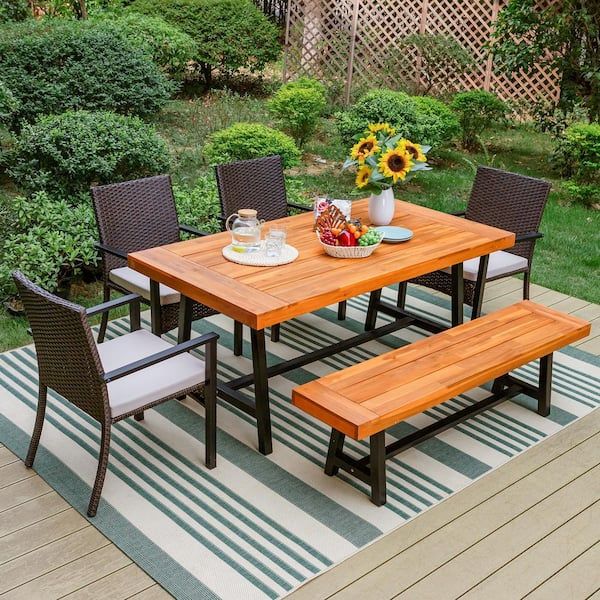 Phi Villa Black 6 Piece Metal Patio Acacia Wood Outdoor Dining Set With  Rectangular Table, 4 Rattan Chairs And Long Bench Thd6 201 202 99 – The  Home Depot Regarding Outdoor Terrace Bench Wood Furniture Set (View 13 of 15)