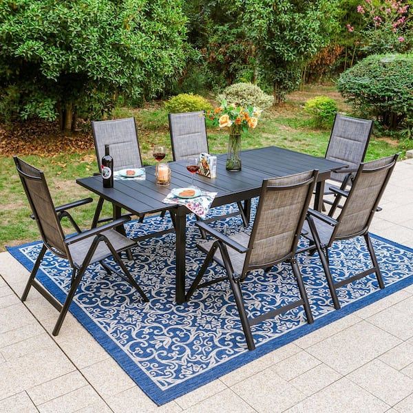Phi Villa Black 7 Piece Metal Extendable Table Patio Outdoor Dining Set  With Gery Folding Reclining Padded Sling Chairs Thd7 305 030 – The Home  Depot For Metal Table Patio Furniture (Photo 13 of 15)