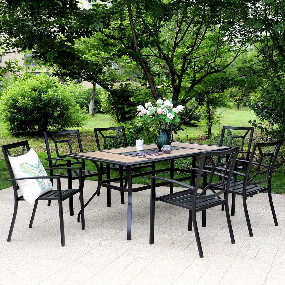 Phi Villa Black 7 Piece Metal Outdoor Patio Dining Set With Geometric Rectangle  Table And Fancy Stackable Chairs Thd7 104 2401 – The Home Depot For Outdoor Furniture Metal Rectangular Tables (View 10 of 15)