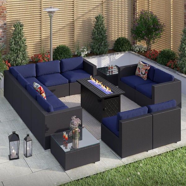 Phi Villa Black Rattan Wicker 10 Seat 13 Piece Steel Outdoor Fire Pit Patio  Set With Blue Cushions And Rectangular Fire Pit Table Thd13392414227 – The  Home Depot Intended For Fire Pit Table Wicker Sectional Sofa Set (Photo 11 of 15)