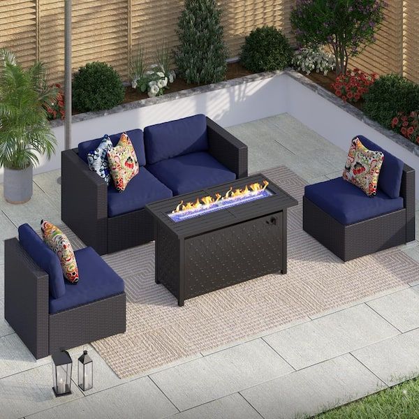 Phi Villa Black Rattan Wicker 4 Seat 5 Piece Steel Outdoor Fire Pit Patio  Set With Blue Cushions And Rectangular Fire Pit Table Thd5 039040 007 – The  Home Depot For Fire Pit Table Wicker Sectional Sofa Set (Photo 3 of 15)
