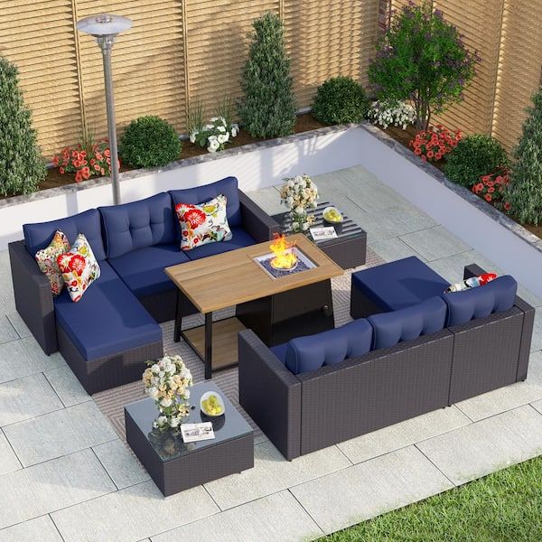 Phi Villa Black Rattan Wicker 6 Seat 7 Piece Steel Outdoor Fire Pit Patio  Set With Blue Cushions And Rectangular Fire Pit Table Thd7303a2b2101 – The  Home Depot With Fire Pit Table Wicker Sectional Sofa Conversation Set (View 8 of 15)