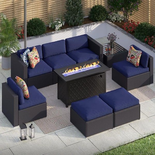 Phi Villa Black Rattan Wicker 7 Seat 9 Piece Steel Outdoor Fire Pit Patio  Set With Blue Cushions And Rectangular Fire Pit Table Thd9 39404546 7 – The  Home Depot With Regard To Fire Pit Table Wicker Sectional Sofa Conversation Set (View 4 of 15)