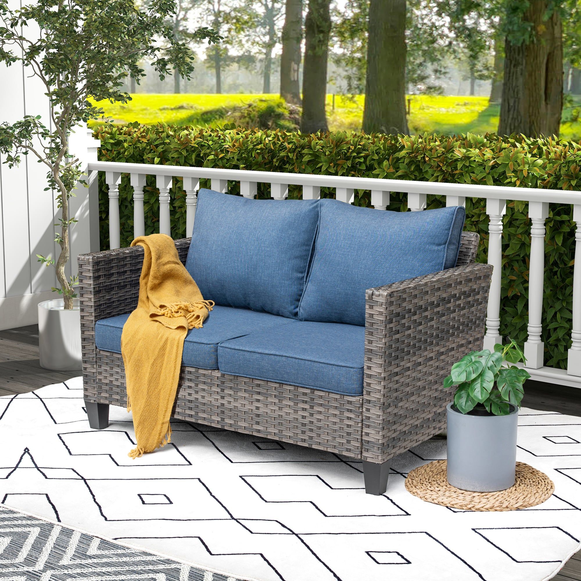 Pouuin Rattan Outdoor Loveseat With Blue Cushion(s) And Rattan Frame In The  Patio Sectionals & Sofas Department At Lowes Within Loveseat Chairs For Backyard (View 3 of 15)