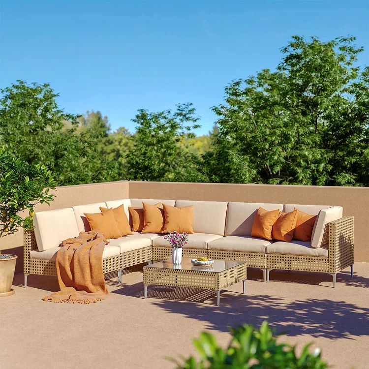 Pre Order: 7 Days To Ship，grand Patio 7 Pieces Wicker Patio Furniture Set,  All Weather Intended For Balcony Furniture Set With Beige Cushions (Photo 8 of 15)