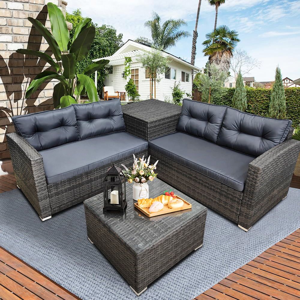 Rattan Patio Sofa Set, 4 Pieces Outdoor Sectional Furniture, All Weather Pe Rattan  Wicker Patio Conversation, Cushioned Sofa Set With Glass Table & Storage  Box For Patio Garden Poolside Deck – Walmart For All Weather Wicker Sectional Seating Group (View 7 of 15)